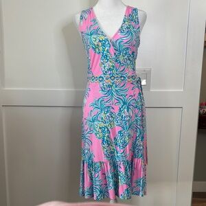 Lilly Pulitzer Pink and Blue Tropical Midi Wrap Dress in size small